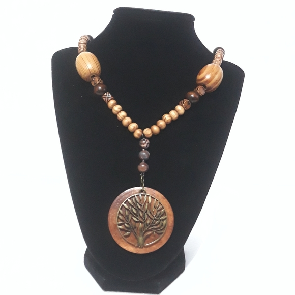 none Jewelry - Tree of Life Wood Beaded Necklace With Jasper